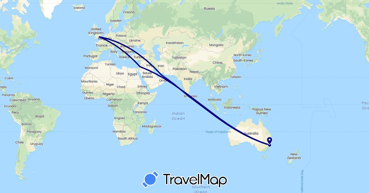TravelMap itinerary: driving in United Arab Emirates, Australia, United Kingdom, Jordan, Sri Lanka (Asia, Europe, Oceania)
