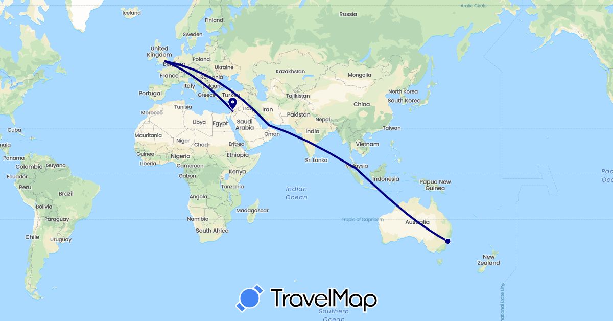 TravelMap itinerary: driving in United Arab Emirates, Australia, United Kingdom, Jordan, Malaysia (Asia, Europe, Oceania)